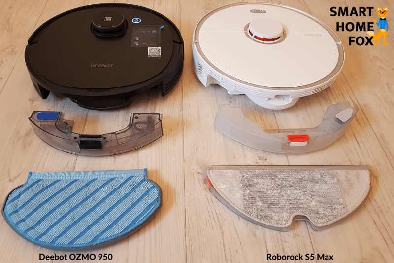 Вы можете видеть Roborock S5 и Ecovacs Deebot OZMO 950, стоящие рядом на полу.